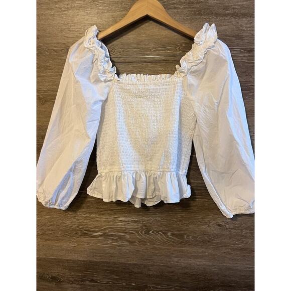 The Drop Top White Crop Shirt Ruffle Form Fit Puff Sleeves Peasant Marisol SMALL - Picture 7 of 7